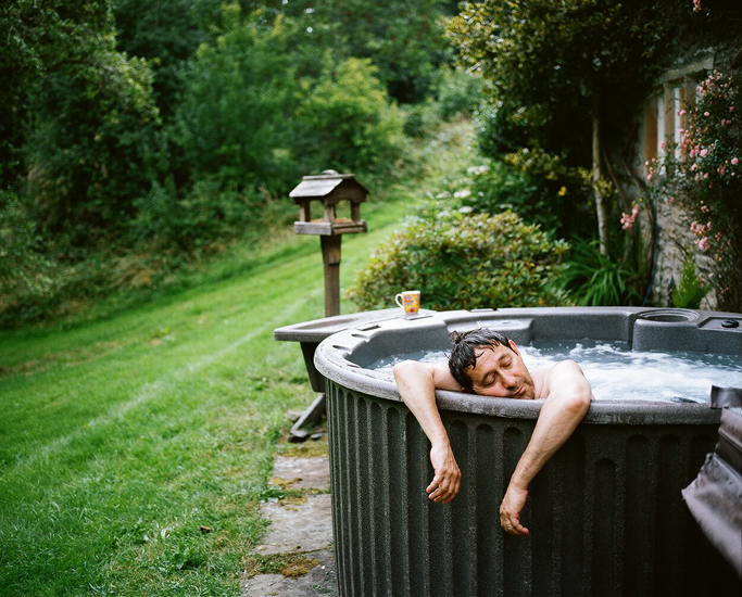 Mark in hot tub, Tower Woods Cottage